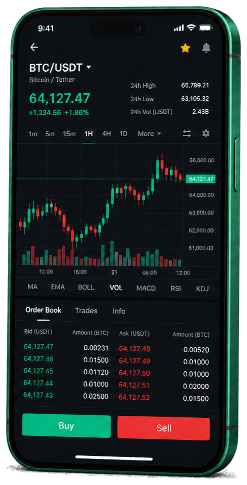 Interface mobile de trading CourbetAI — cours BTC/USDT en temps réel, carnet d’ordres et outils de suivi des transactions